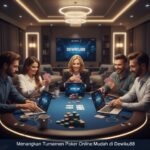 Meja poker online dengan pemain serius dan tumpukan chip berwarna-warni di Dewiku88, menampilkan suasana turnamen seru dan kompetitif.