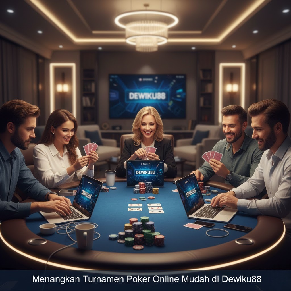 Meja poker online dengan pemain serius dan tumpukan chip berwarna-warni di Dewiku88, menampilkan suasana turnamen seru dan kompetitif.