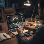 Close-up tangan pemain memegang kartu poker dan chip di depan layar laptop dengan dealer live terlihat, suasana casino online profesional, fokus pada strategi bermain.