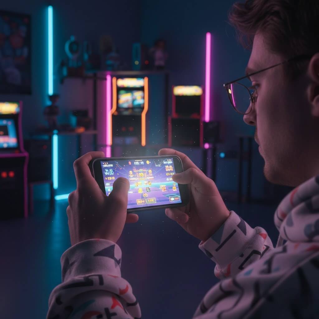 Pemain arcade games fokus di smartphone, bermain melalui Dewiku88 Login
