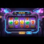 Slot online modern dengan gulungan berputar dan efek cahaya neon realistis